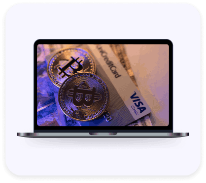 bitcoin coins with visa card laptop
